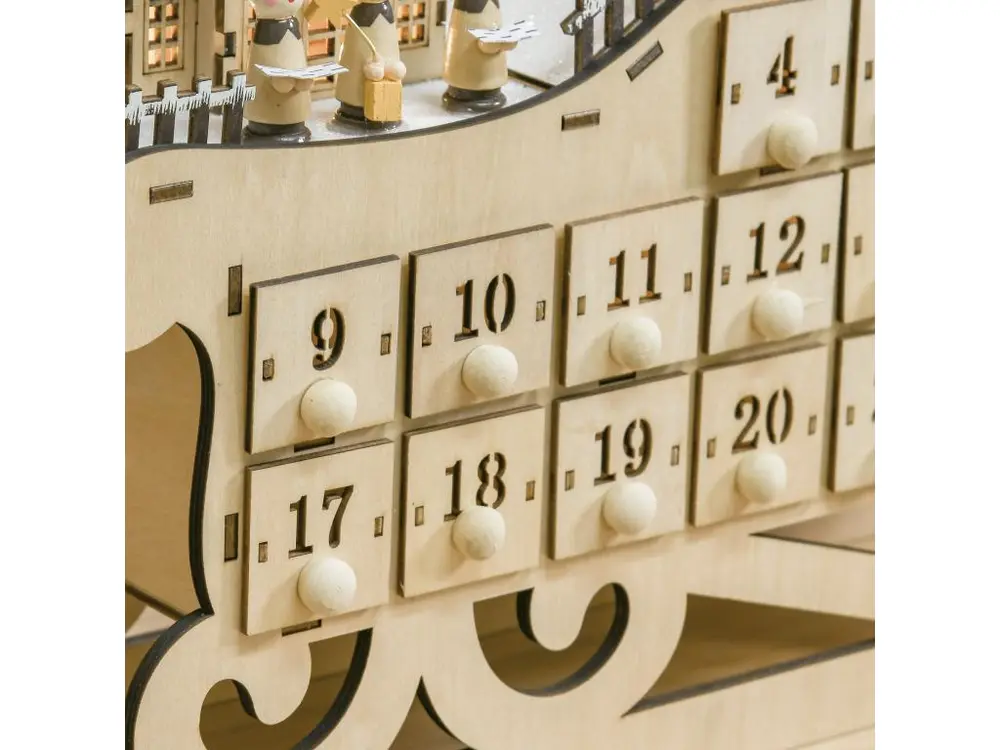 Calendrier de l'Avent LED traineau - 10 lumières blanc chaud - 24 tiroirs - décoration lumineuse de Noël - écru avec Roule...