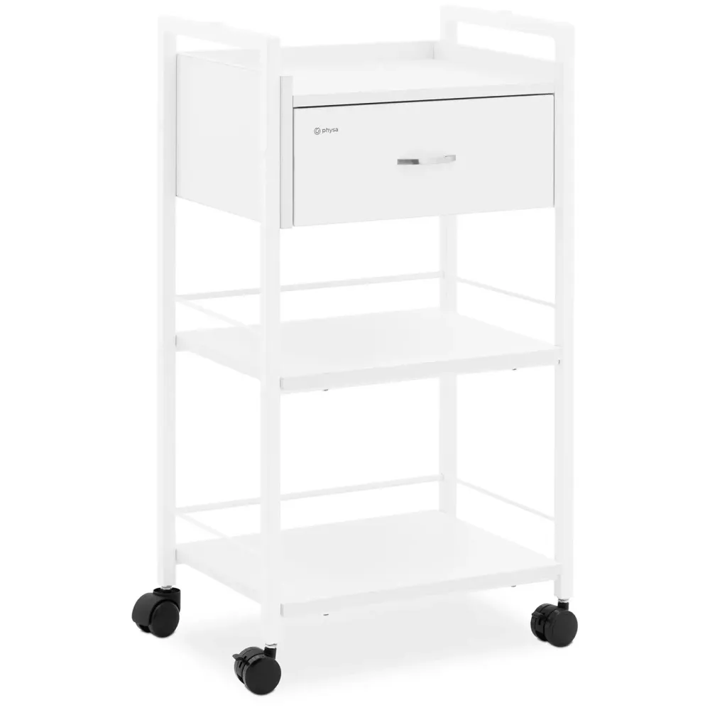 Chariot esthétique 1 tiroir 3 étagères maximum 65 kg MDF PU acier blanc 14_0008610 Hauteur ajustable 70-120 cm