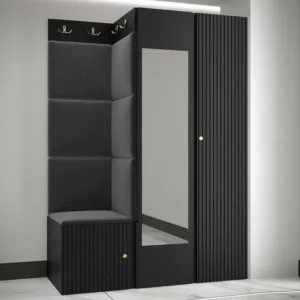 Meuble d'entrée Hartford 388, 186x116x46cm, Miroir, Noir, Stratifié|Tapisserie|MDF