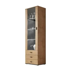 Vitrine Charlotte E102, Noir|Lefkas chêne, Avec tiroirs|Avec des portes, 192x60x41cm