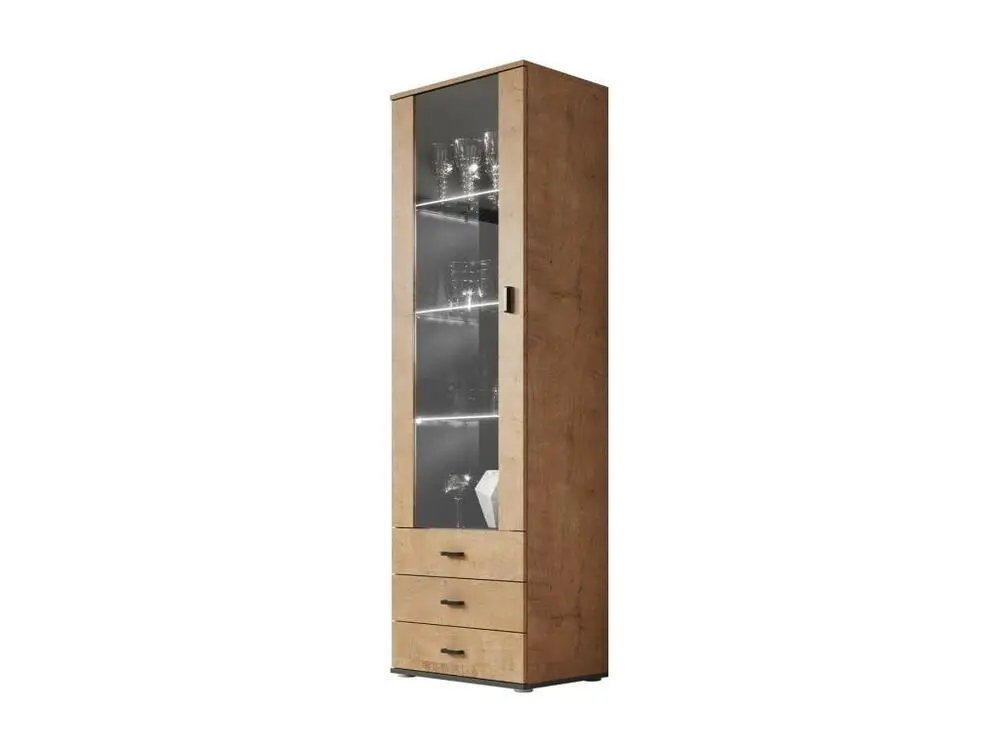 Vitrine Charlotte E102, Noir|Lefkas chêne, Avec tiroirs|Avec des portes, 192x60x41cm
