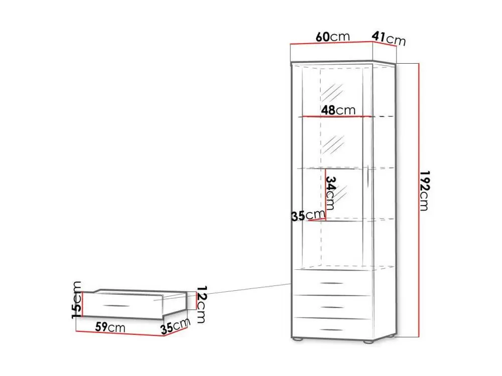 Vitrine Charlotte E102, Noir|Lefkas chêne, Avec tiroirs|Avec des portes, 192x60x41cm
