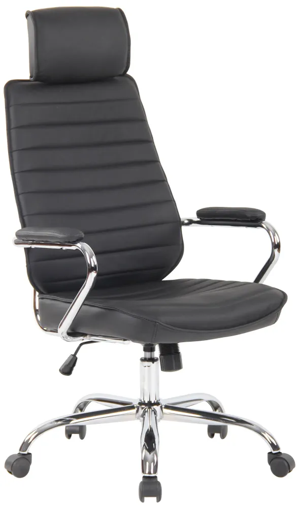 Fauteuil de bureau hauteur réglable pivotant mécanisme de bascule cuir véritable noir et métal chromé 10_0002618 avec surf...