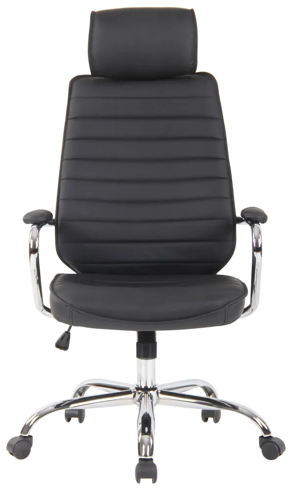 Fauteuil de bureau hauteur réglable pivotant mécanisme de bascule cuir véritable noir et métal chromé 10_0002618 avec surf...