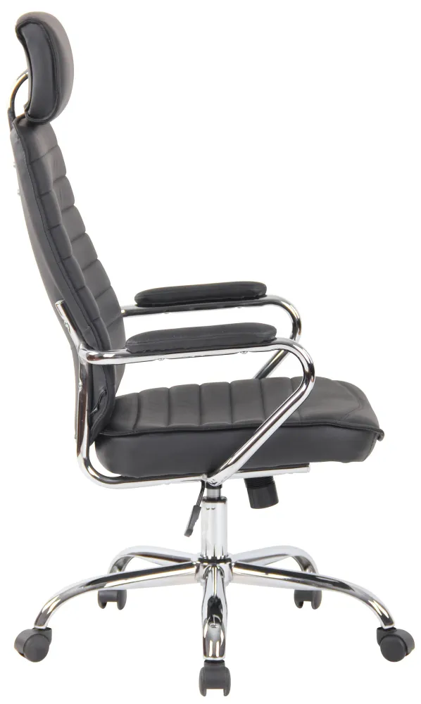Fauteuil de bureau hauteur réglable pivotant mécanisme de bascule cuir véritable noir et métal chromé 10_0002618 avec surf...