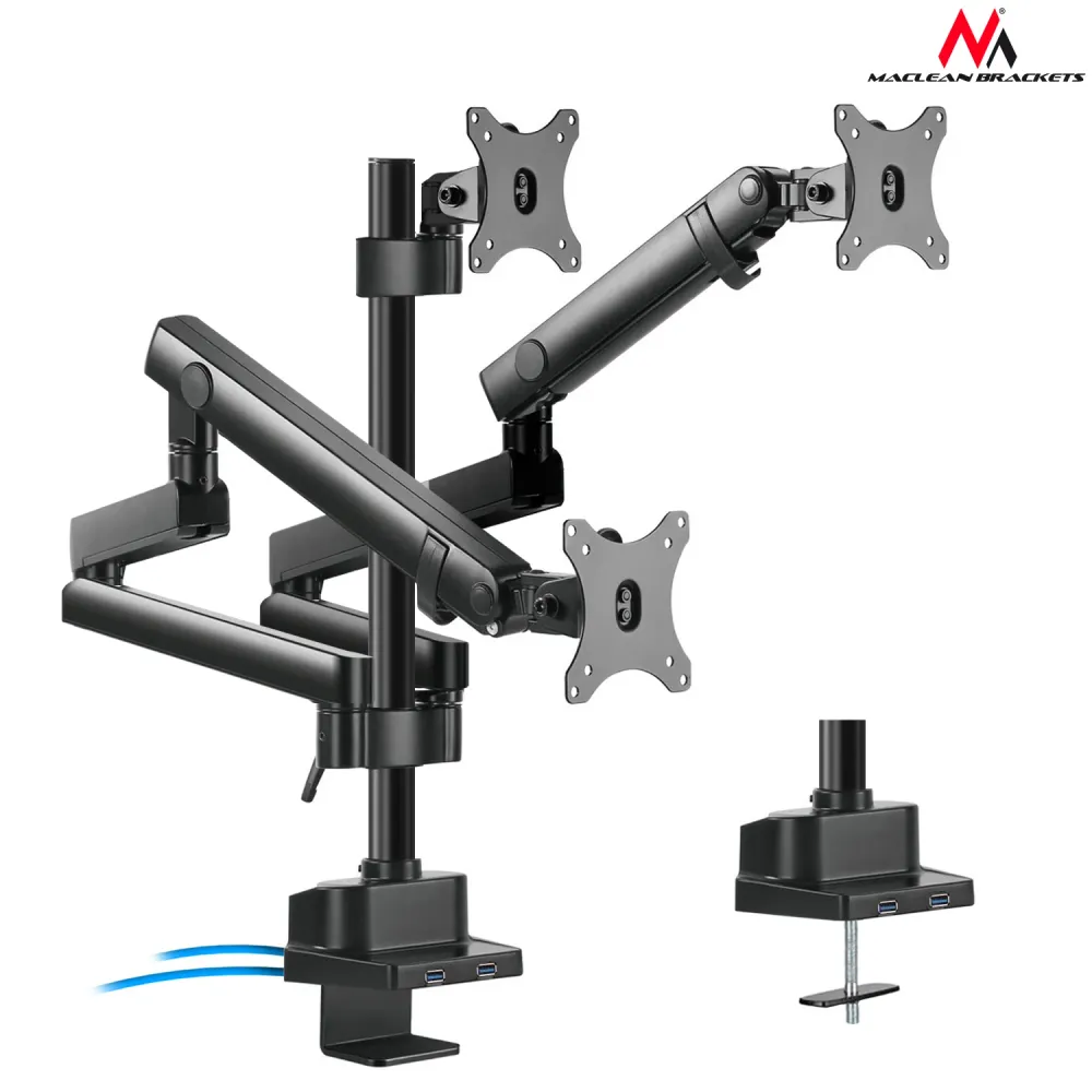 Maclean MC-811 Support de moniteur Support de bureau pour 3 moniteurs LCD LED USB 17'' - 27" 3 x 7 kg VESA Facile à déplacer