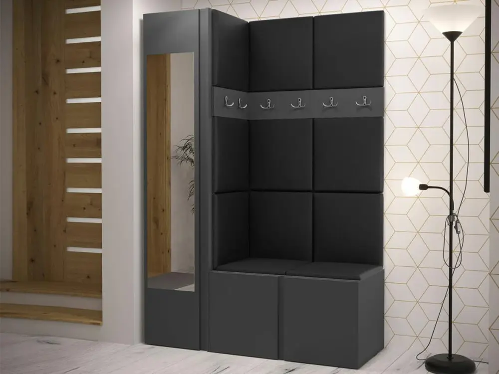 Meuble d'entrée Hartford 277, 186x124x46cm, Miroir, Graphite, Faux cuir|Stratifié