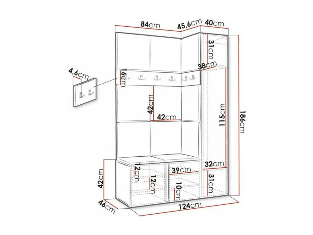 Meuble d'entrée Hartford 277, 186x124x46cm, Miroir, Graphite, Faux cuir|Stratifié