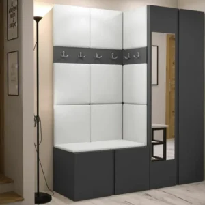 Meuble d'entrée Hartford 278, 186x158x46cm, Miroir, Graphite, Faux cuir|Stratifié