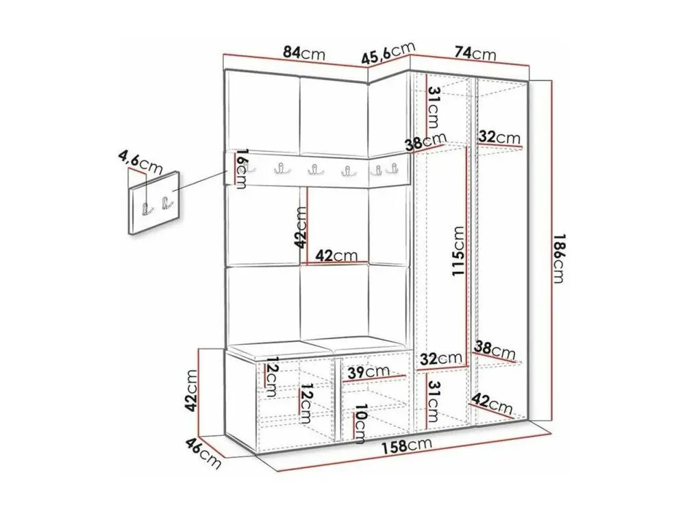 Meuble d'entrée Hartford 278, 186x158x46cm, Miroir, Graphite, Faux cuir|Stratifié