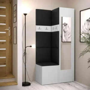 Meuble d'entrée Hartford 354, 186x82x44cm, Miroir, Blanc, Faux cuir|Stratifié en Acier et MDF