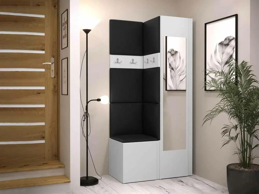 Meuble d'entrée Hartford 354, 186x82x44cm, Miroir, Blanc, Faux cuir|Stratifié en Acier et MDF