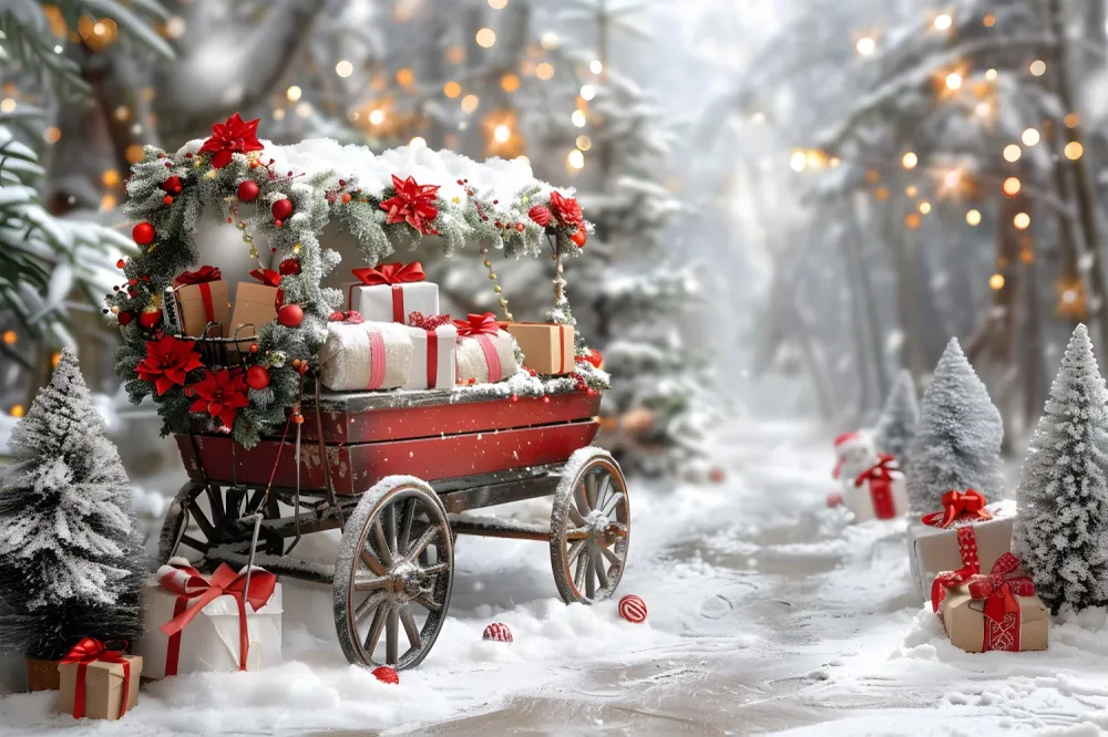 Support pour ordinateur portable Toile de fond de Noël Chariot de Cadeaux dans un Hiver Merveilleux RR7-596
