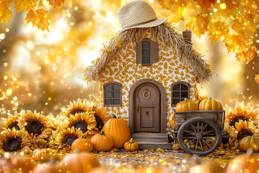 Toile de fond Automne Chalet Tournesol Chariot à Citrouilles GQ5-77 | Assemblage Rapide