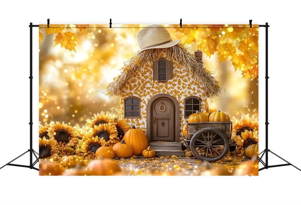 Toile de fond Automne Chalet Tournesol Chariot à Citrouilles GQ5-77 | Assemblage Rapide