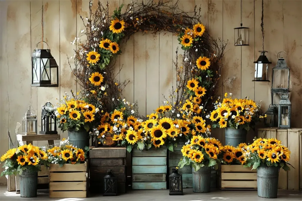 Toile de fond Automne Mur Bois Couronne Tournesol CSH57-186 pour équipement audiovisuel