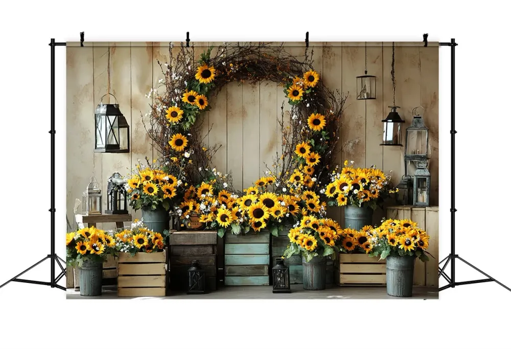 Toile de fond Automne Mur Bois Couronne Tournesol CSH57-186 pour équipement audiovisuel