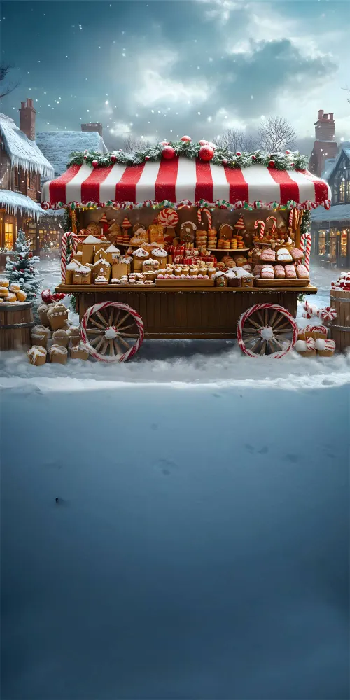 Toile de Fond Chariot à Desserts de Noël avec Flocons de Neige RR8-370 en Acier et MDF