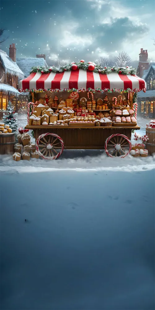 Toile de Fond Chariot à Desserts de Noël avec Flocons de Neige RR8-370 en Acier et MDF