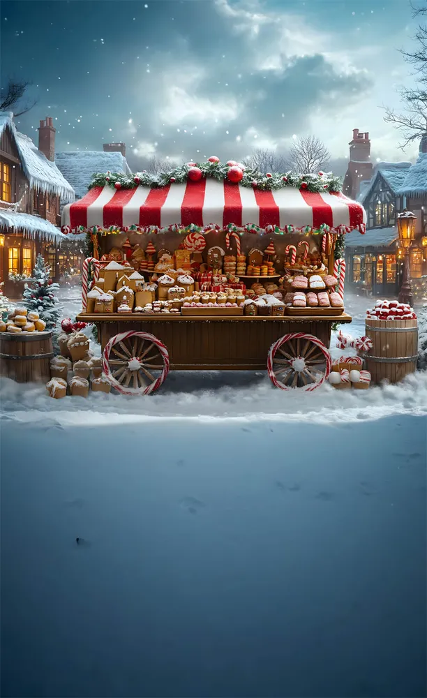 Toile de Fond Chariot à Desserts de Noël avec Flocons de Neige RR8-370 en Acier et MDF