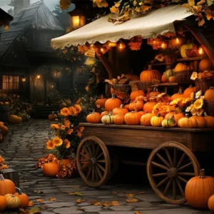 Toile de fond Deco Automne Chariot Citrouilles Village Lueur CSH57-196 Hauteur ajustable 70-120 cm