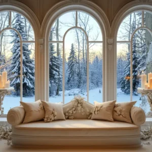 Toile de fond Hiver Fenêtre Enneigée Lueur Dorée des Bougies CSH58-237