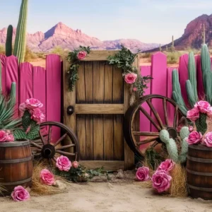 Toile de fond Photo Automne Décor Roue Chariot Cactus Rose LXX58-198 en Acier et MDF