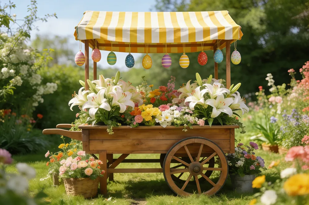 Toile de fond de Pâques Chariot Marché Rayé Fleurs CSH61-43 avec Roulettes Bloquantes