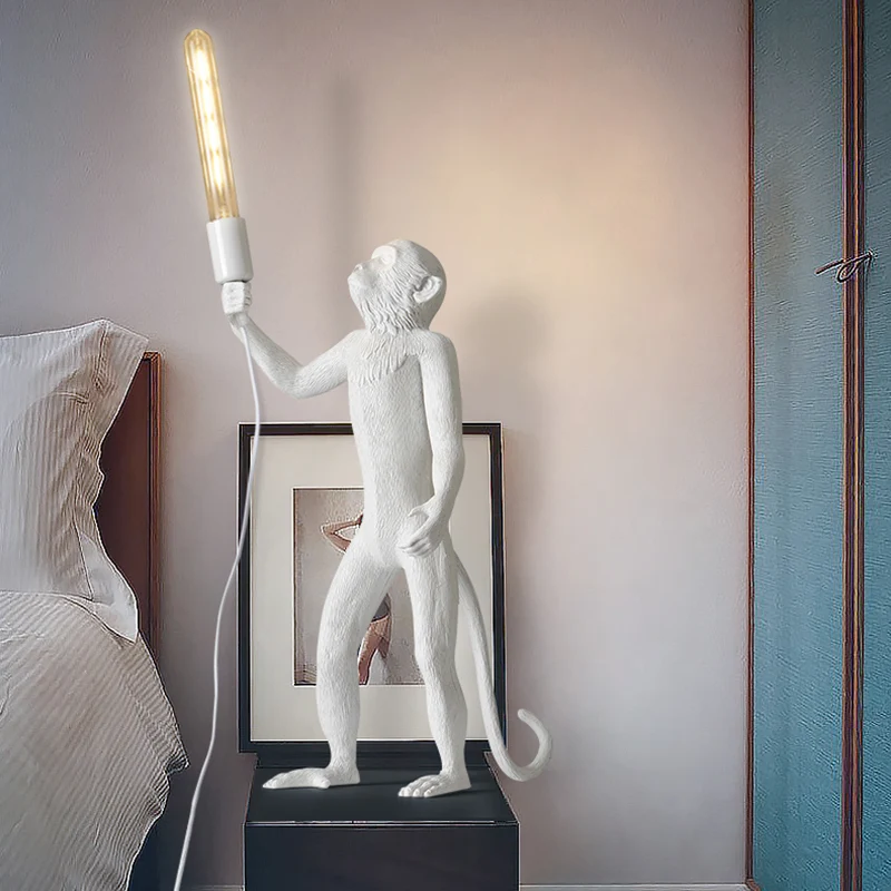 Weiße Affen-Tischlampe, Art-Deco-1-Kopf-Nachttischleuchte aus Kunstharz mit schirmlosem Design Lot de 2 chariots