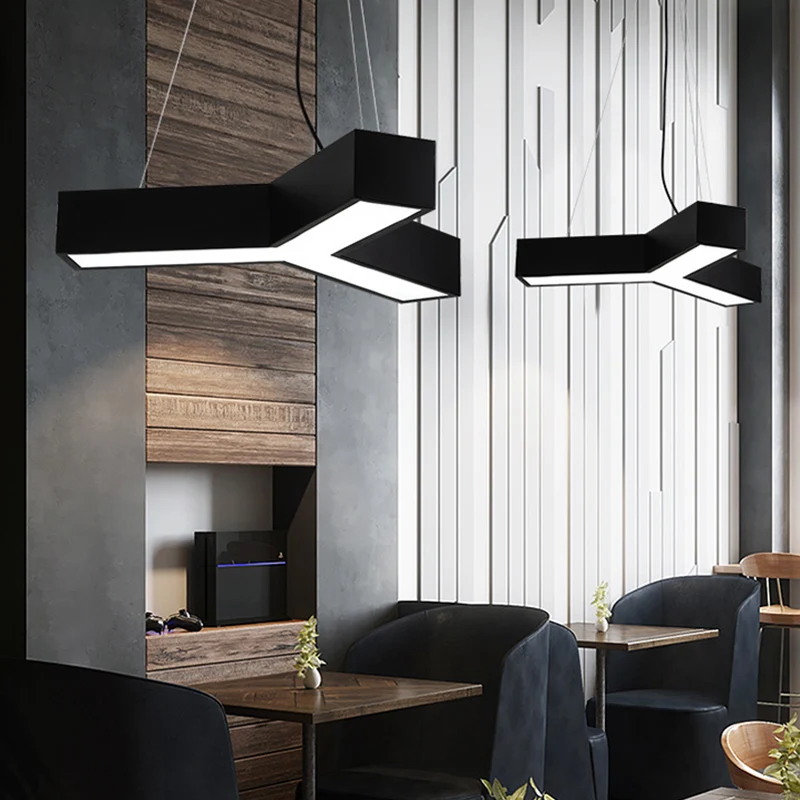 23,5"/35,5"/47" W LED Office Drop Pendant Nordic Noir jais Pendelleuchte mit Y-förmigem Acrylschirm, warmes/weißes Licht