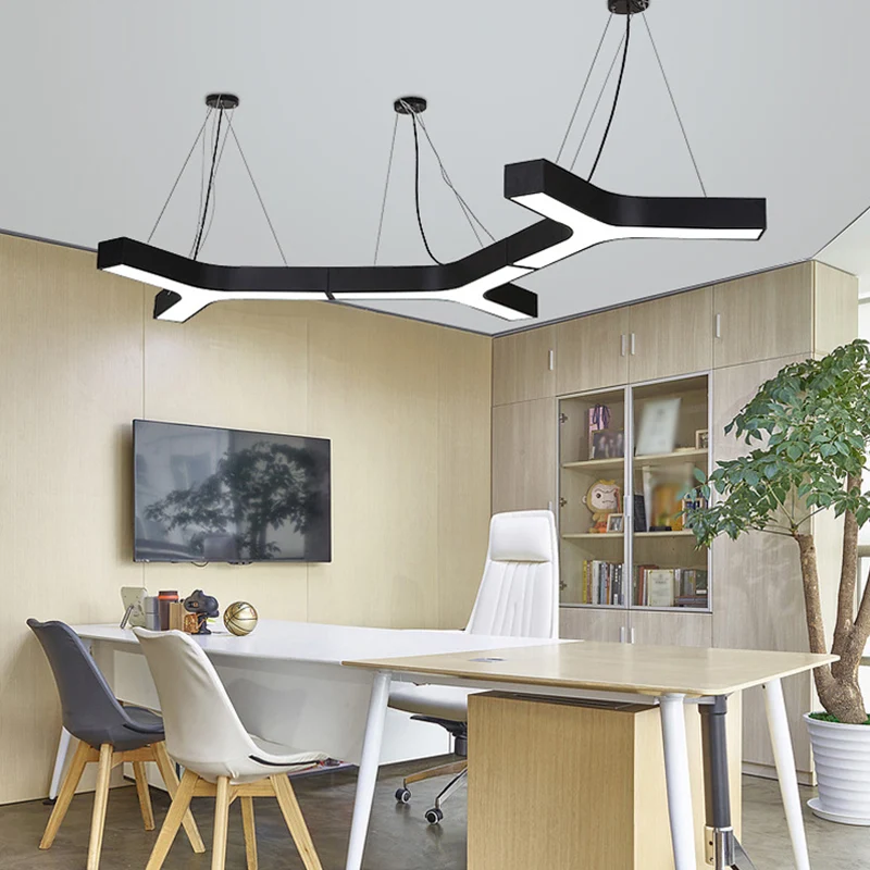 23,5"/35,5"/47" W LED Office Drop Pendant Nordic Noir jais Pendelleuchte mit Y-förmigem Acrylschirm, warmes/weißes Licht