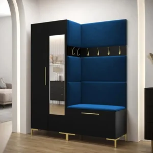 Meuble d'entrée Hartford F107, 196x158x46cm, Miroir, Noir, Stratifié|Tapisserie