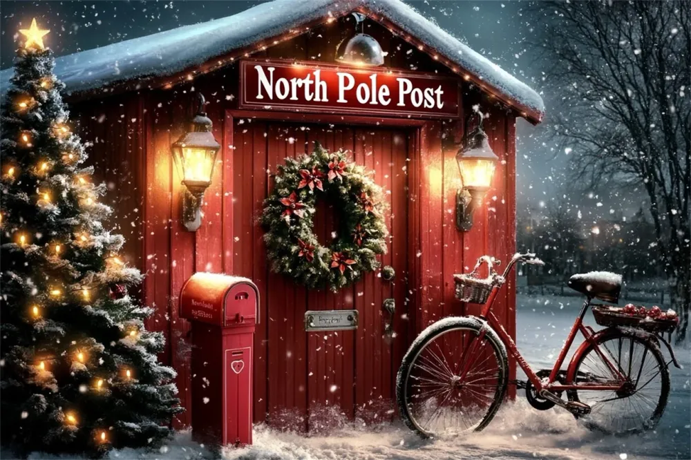Toile de fond Hiver Pôle Nord Bureau de Poste Rouge avec Couronne CSH58-34 Couleur Blanc