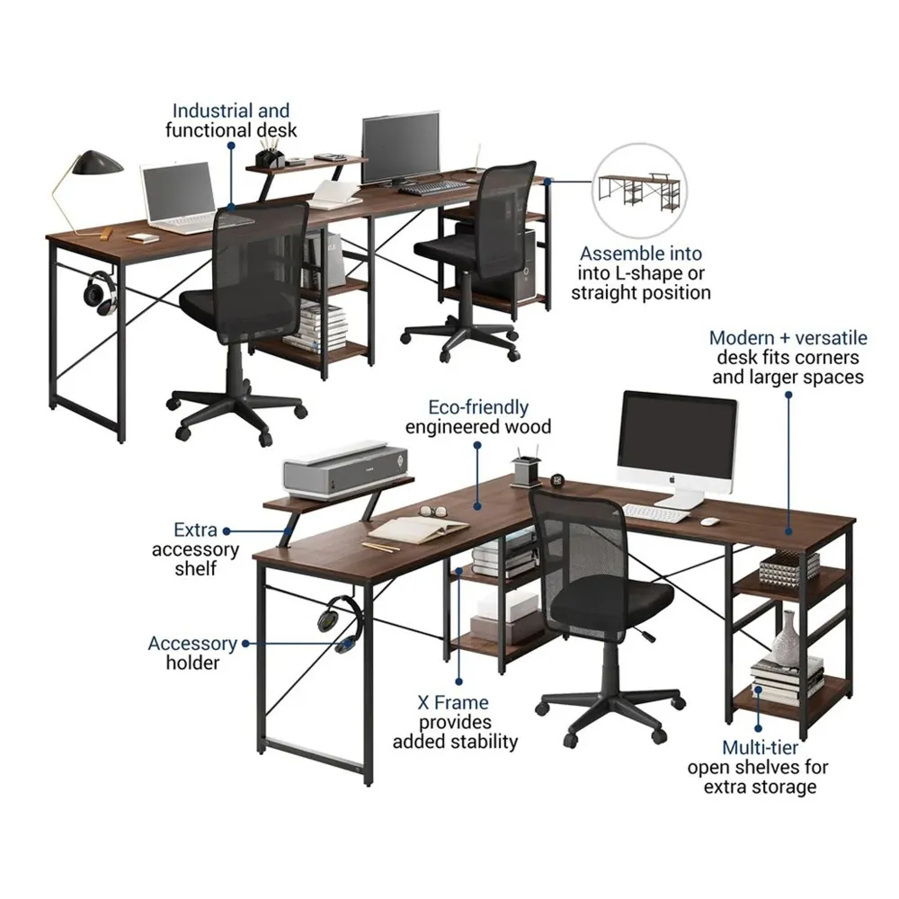 Exotic Designs Corner Computer Table Walnut & Noir jais