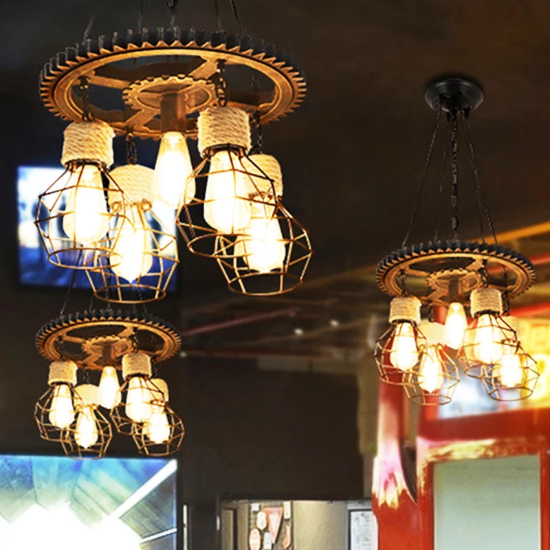 Lustre en forme de roue de chariot noir, lampe suspendue en métal industriel à 5/7 lumières pour salon Lot de 2 chariots