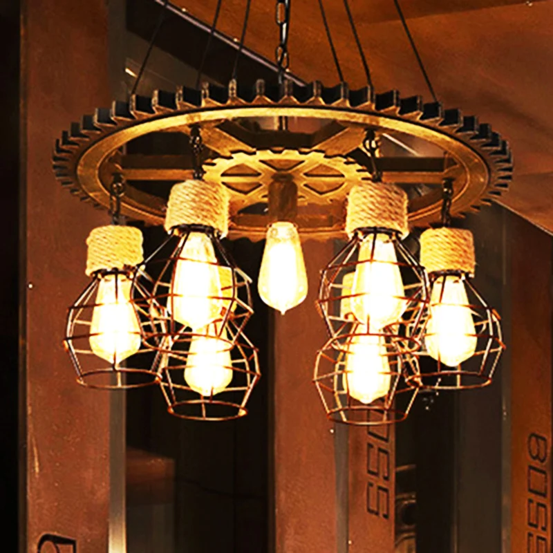 Lustre en forme de roue de chariot noir, lampe suspendue en métal industriel à 5/7 lumières pour salon Lot de 2 chariots