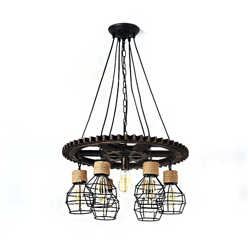 Lustre en forme de roue de chariot noir, lampe suspendue en métal industriel à 5/7 lumières pour salon Lot de 2 chariots