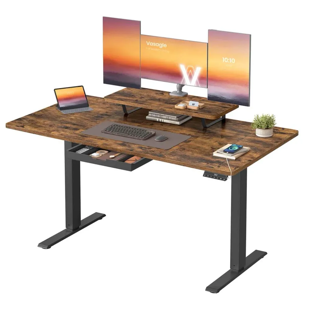 Bureau électrique réglable en hauteur 140 x 70 cm support d'écran à montage flexible tiroir port USB Type-C rappel de séde...