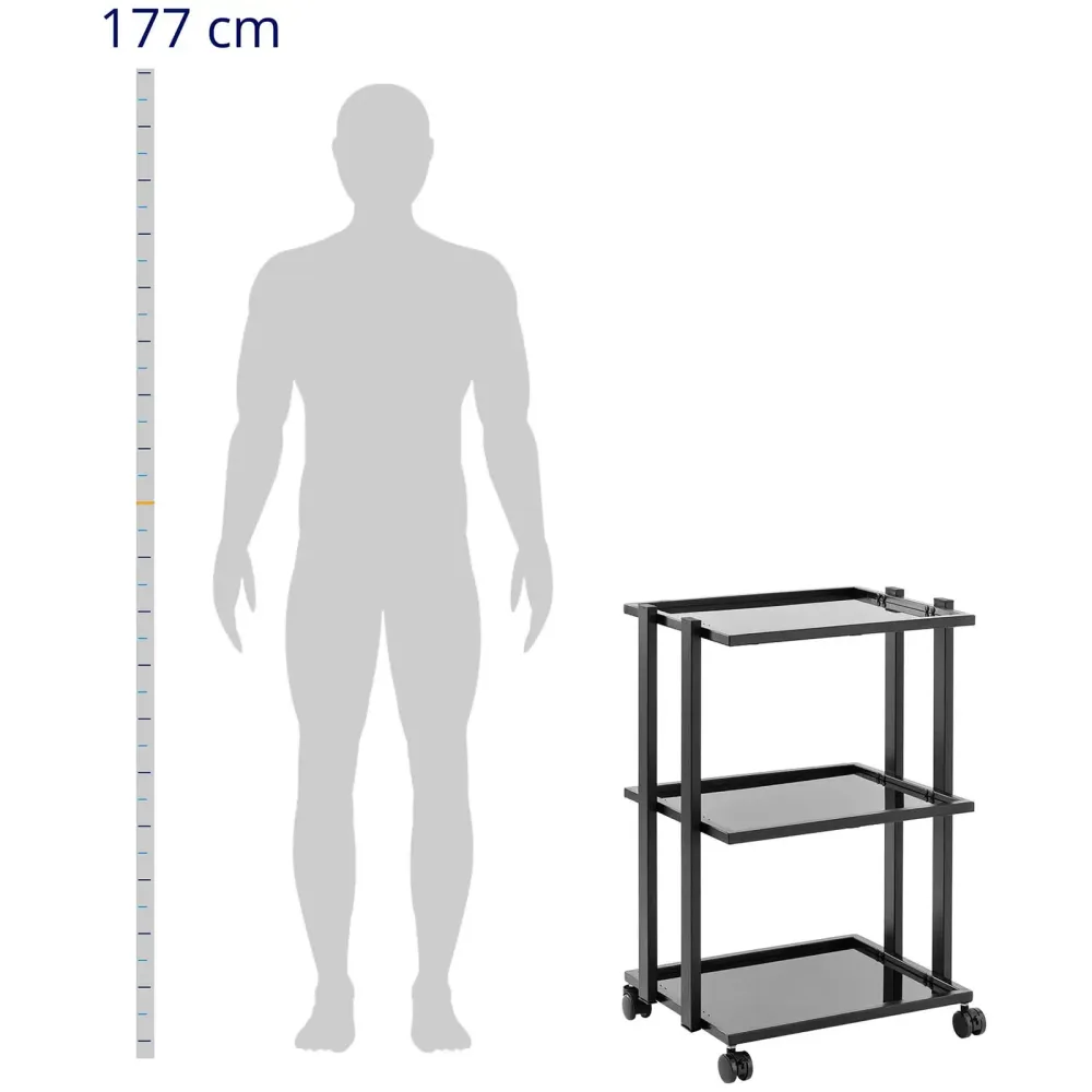 Charriot esthétique 3 étagères en verre maximum 60 kg PU verre acier noir 14_0008621 avec Roulettes Bloquantes