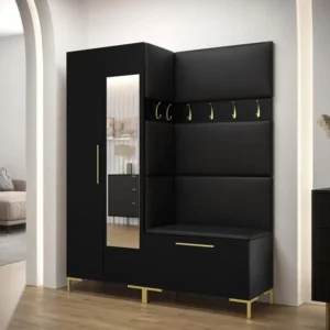 Meuble d'entrée Hartford F107, 196x158x46cm, Miroir, Noir, Stratifié|Faux cuir