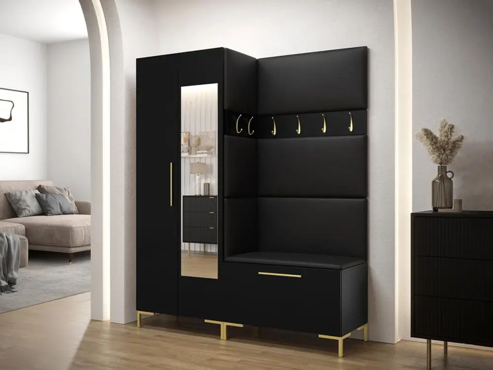 Meuble d'entrée Hartford F107, 196x158x46cm, Miroir, Noir, Stratifié|Faux cuir