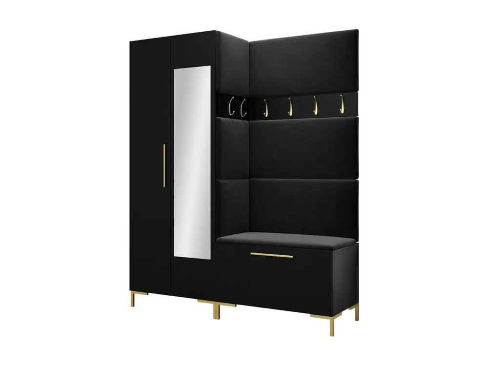 Meuble d'entrée Hartford F107, 196x158x46cm, Miroir, Noir, Stratifié|Faux cuir