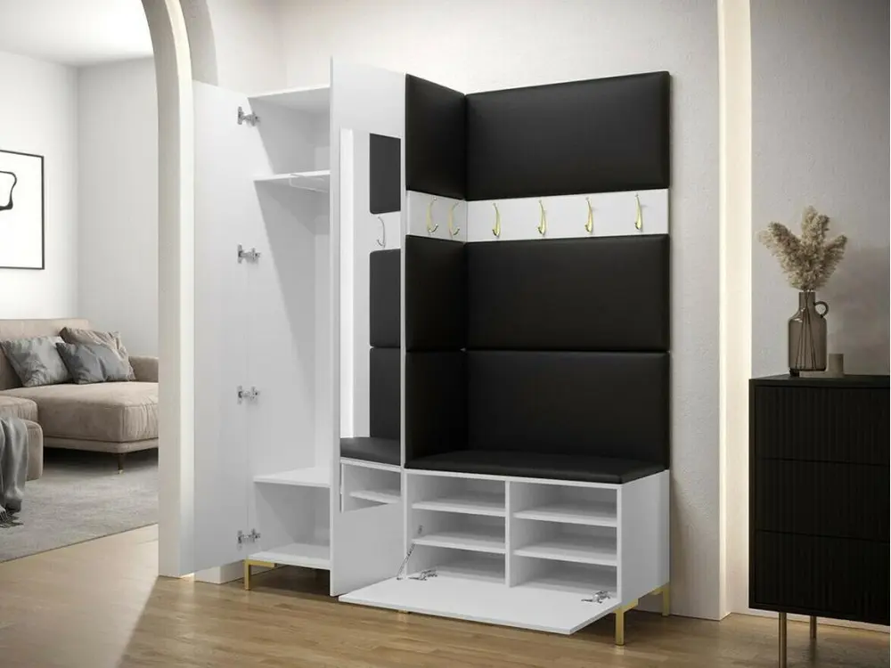 Meuble d'entrée Hartford F107, 196x158x46cm, Miroir, Noir, Stratifié|Faux cuir