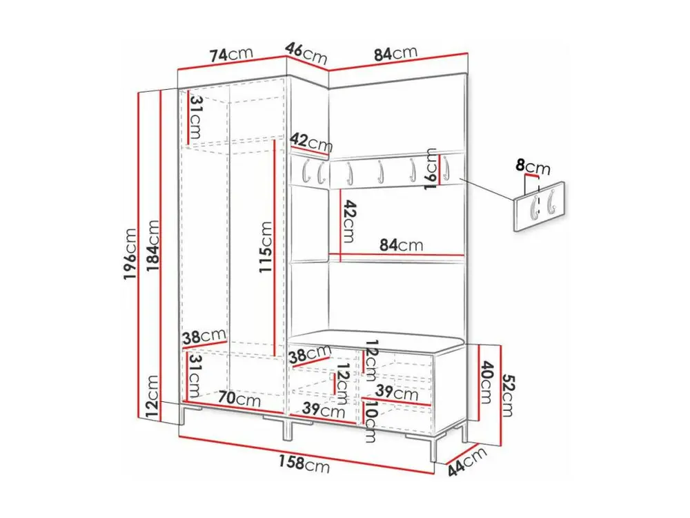 Meuble d'entrée Hartford F107, 196x158x46cm, Miroir, Noir, Stratifié|Faux cuir