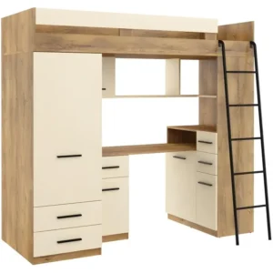 Lit Mezzanine 80x200cm avec échelle Placard, Bureau, bibliothèque et beaucoup d'étagéres SAMY P Chêne foncé/Crème