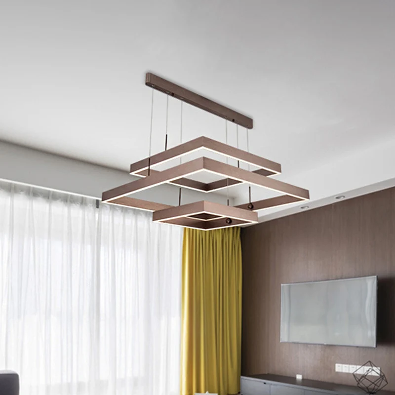 Lustre de plafond de bureau carré en couches en aluminium, suspension LED moderniste à 3 lumières, café, lumière blanche c...