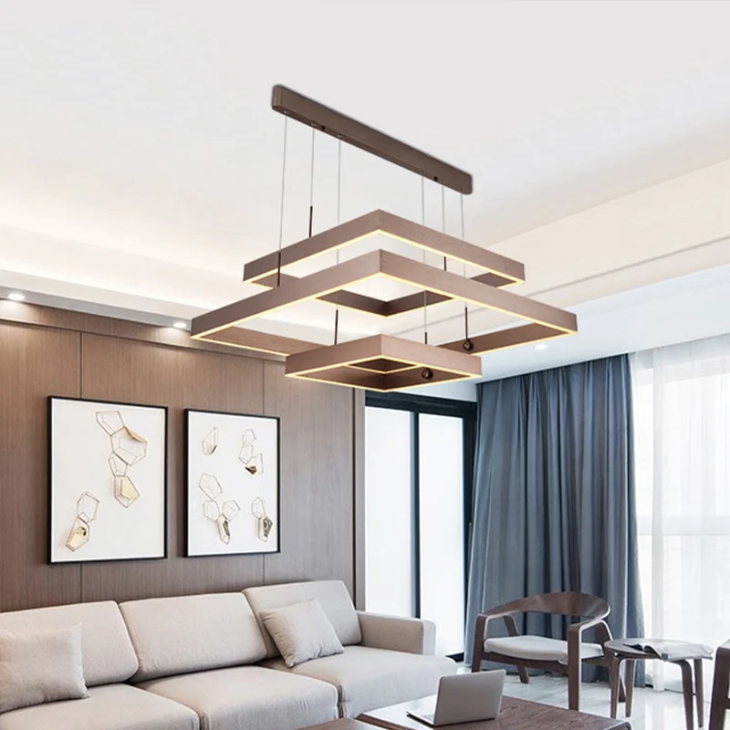 Lustre de plafond de bureau carré en couches en aluminium, suspension LED moderniste à 3 lumières, café, lumière blanche c...