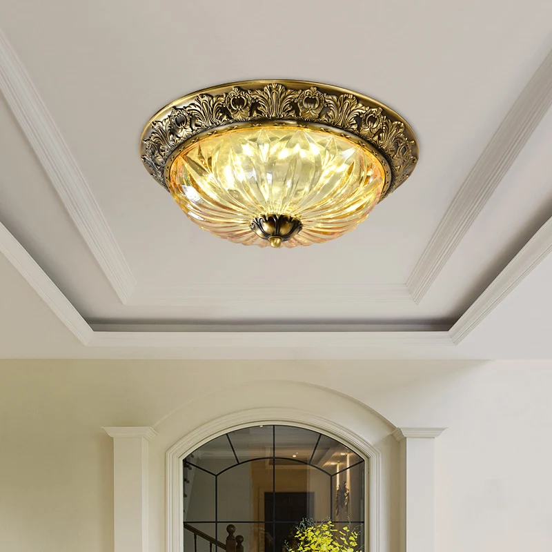 Plafonnier bol en laiton antique, luminaire ancestral en verre sculpté pour couloir, luminaire encastré