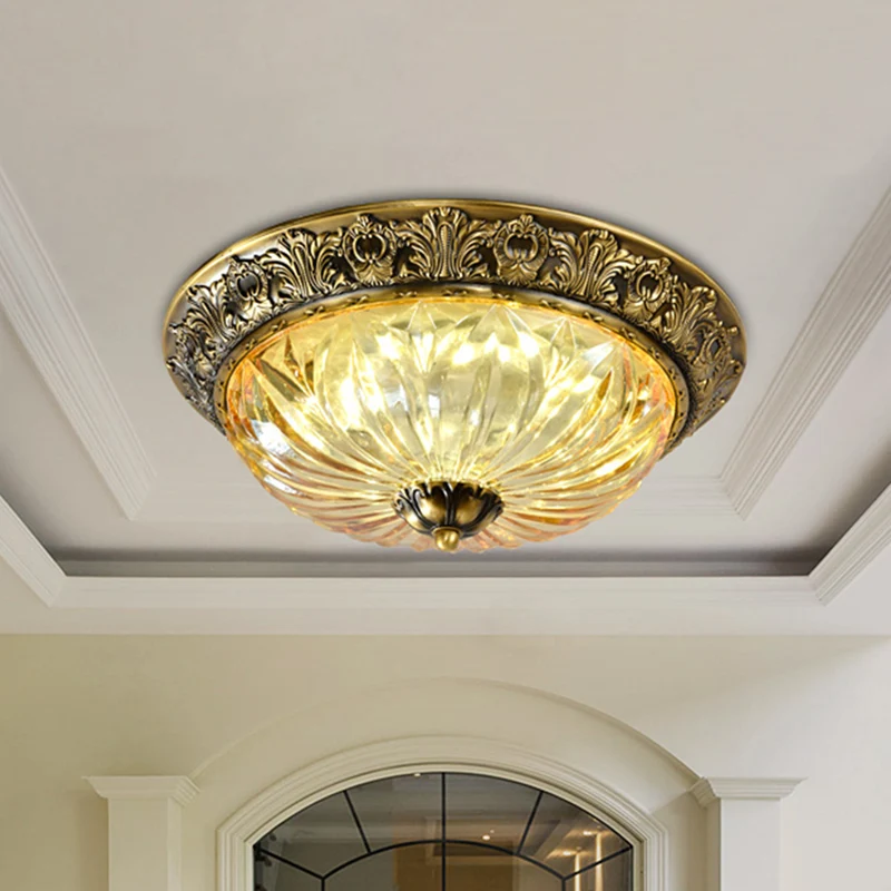Plafonnier bol en laiton antique, luminaire ancestral en verre sculpté pour couloir, luminaire encastré