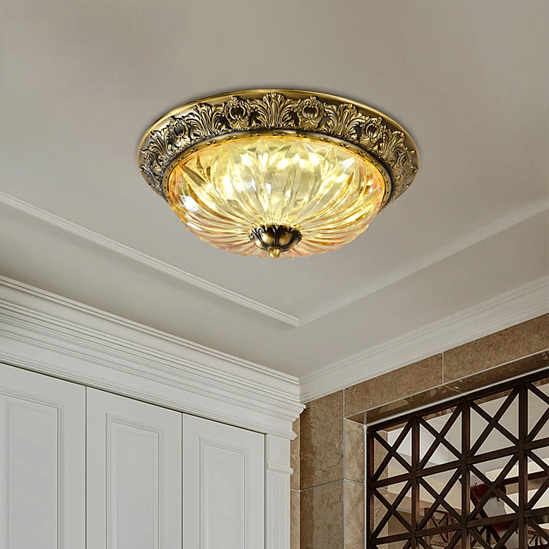 Plafonnier bol en laiton antique, luminaire ancestral en verre sculpté pour couloir, luminaire encastré